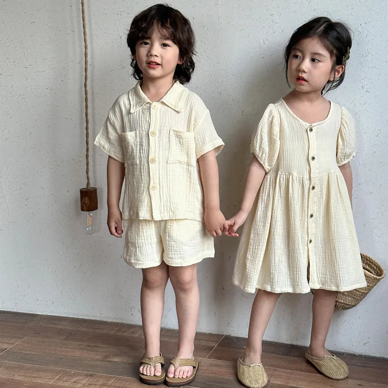 Children's Summer Clothing Set Boys' Short Sleeve Shirt Shorts 2pcs Casual Suit Girls' Solid Color Dress Sister Brother Outfit
