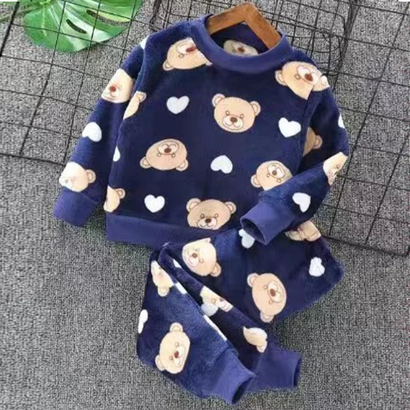 2026 New Winter Baby Boys Homewear Sets Autumn Fashion Flannel Fleece Clothes Kids Cartoon Bear Sleepwear Children Pajamas 3-8Y