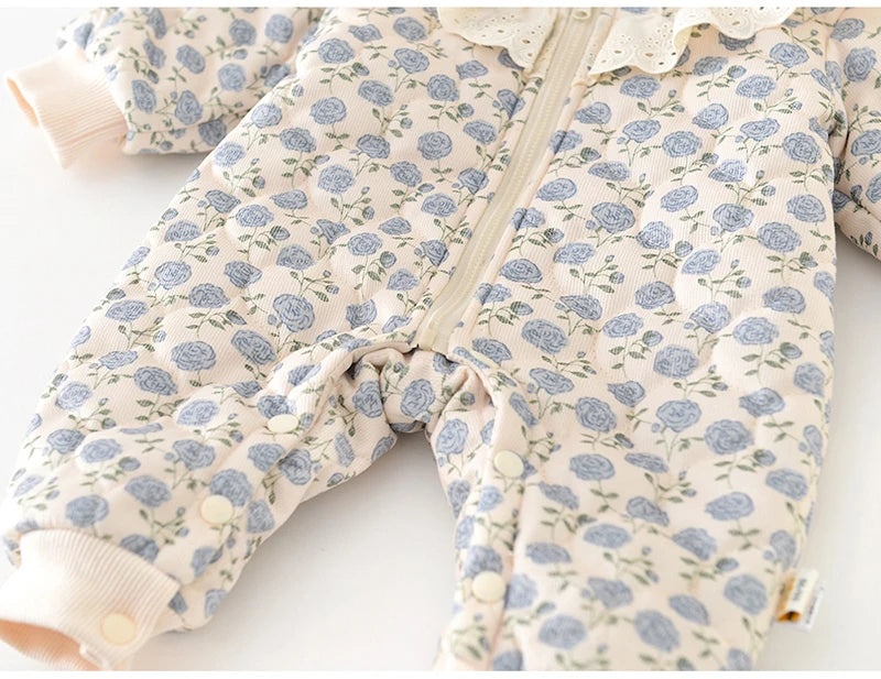 Baby Winter Jumpsuit 0-2 Years old Infant Girls Clothing Sweet Lace Floral of Print Romper Toddler Thick Warm Outerwear
