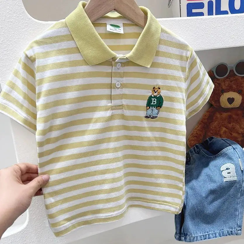 Boys Short Sleeve Tee Polo Shirt For Children 2025 Kids Clothes Striped Graphic Bear T-Shirt Summer Clothes Toddler Casual Tops