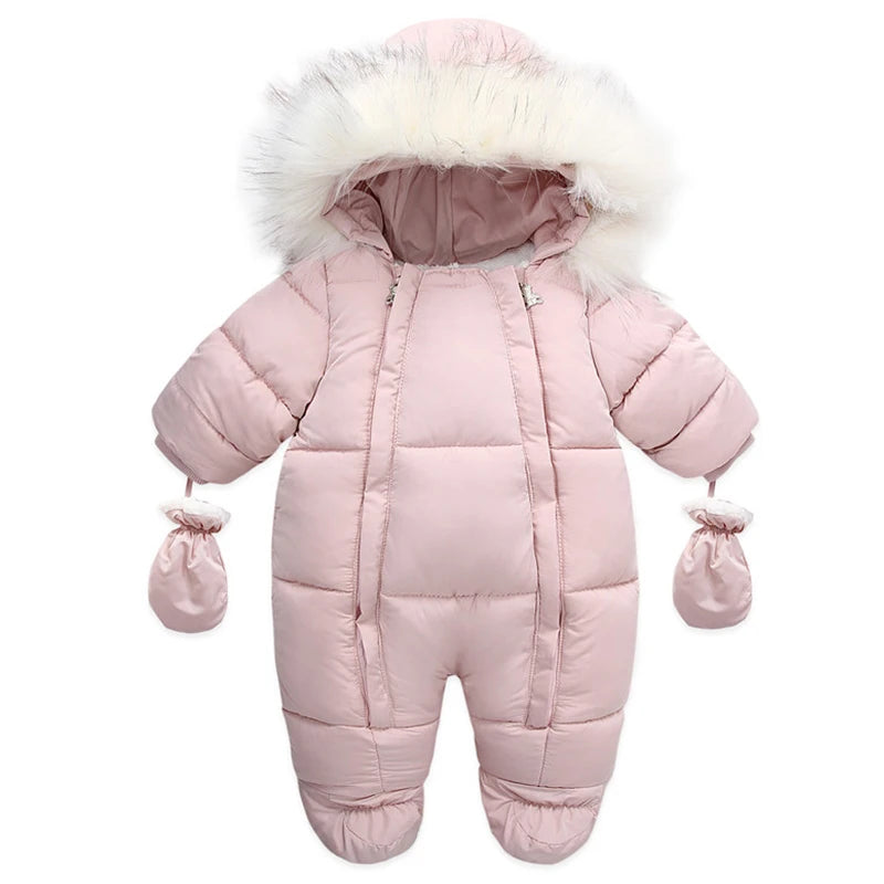 Winter Baby Jumpsuit With Glove Cute Newborn Coat Cotton Plus Velvet Baby Romper Warm Infant Clothing Set Hooded Toddler Clothes