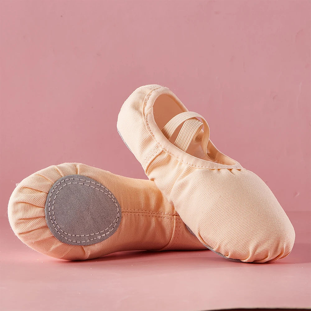 Girls Ballet Slippers Kids Dance Shoes Adult Gymnastics Training Canvas Soft Leather Sole No Shoelaces