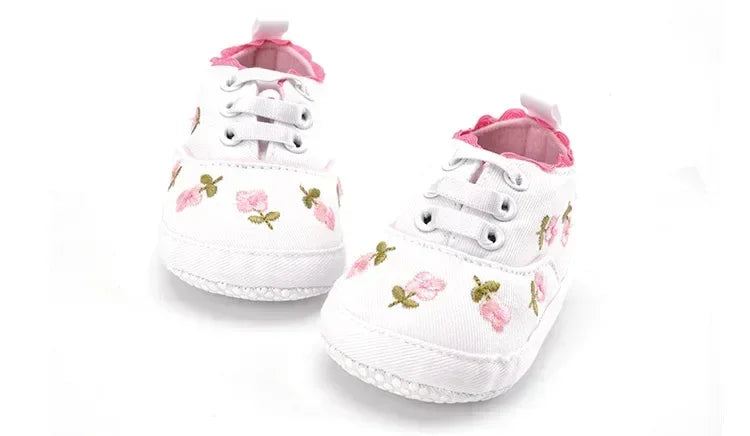 Baby Girls Shoes White Pink Floral Embroidered Soft Soles Shoes Prewalker Walking Toddler Casual Kids Shoes For Dropshipping