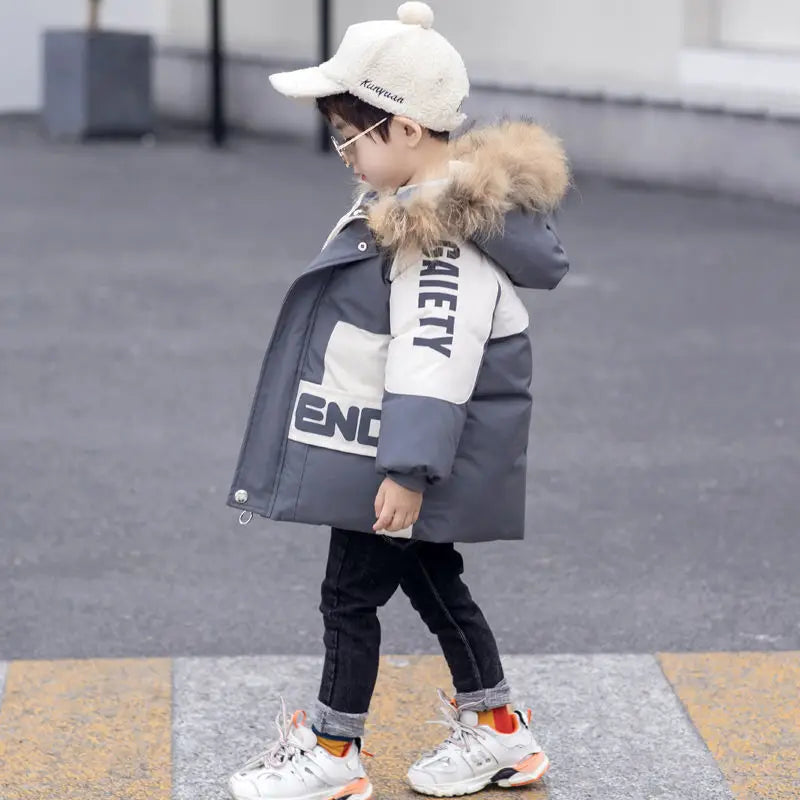 Winter Boys Coat 2026 New Baby Fur Collar Hooded Cotton Plus Velvet Thicken Warm Jacket For Children's Coat For Boys 2-8Years