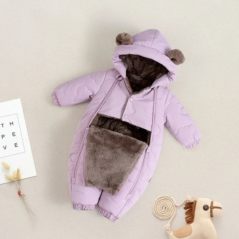 Winter Bear Ears Warm Baby Snowsuit Cute Solid Thickened Fleece for Girl Boy Jumpsuit Lined Double-Layer Hooded Toddler Romper