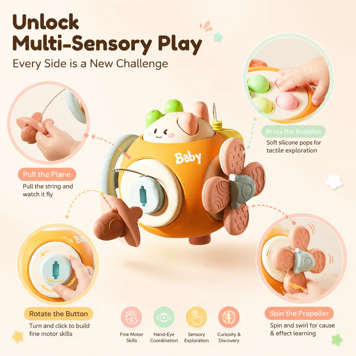 6-in-1 Sensory Busy Ball Montessori Interactive Toy Baby Fine Motor Training Early Educational Play Gift for Infant Toddler 6 M+