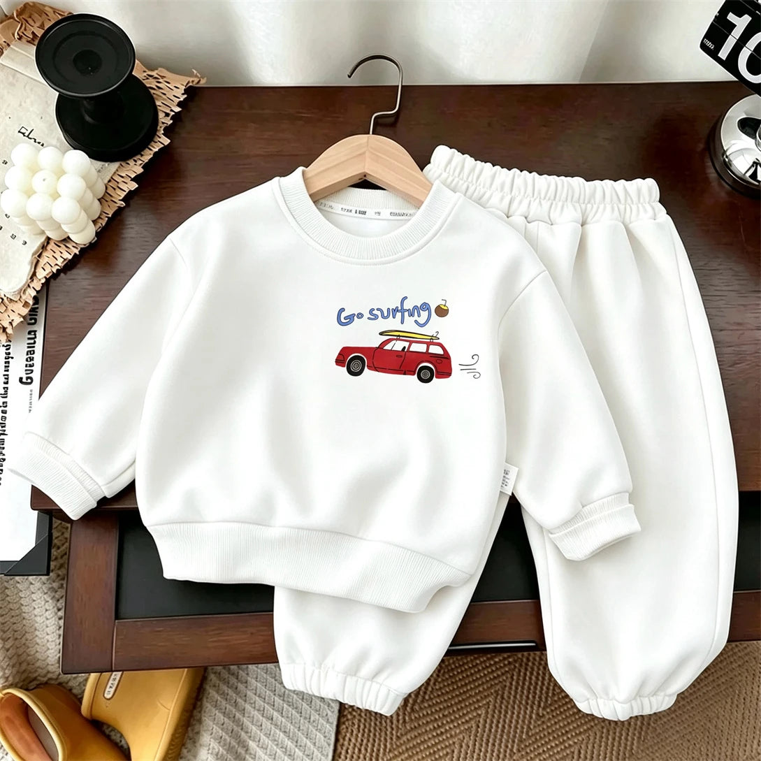 Boys Trendy Outfits Little Car Print Sweatshirts All-match Pants Fashion Sports Costume Children New Solid Color Two Piece Set
