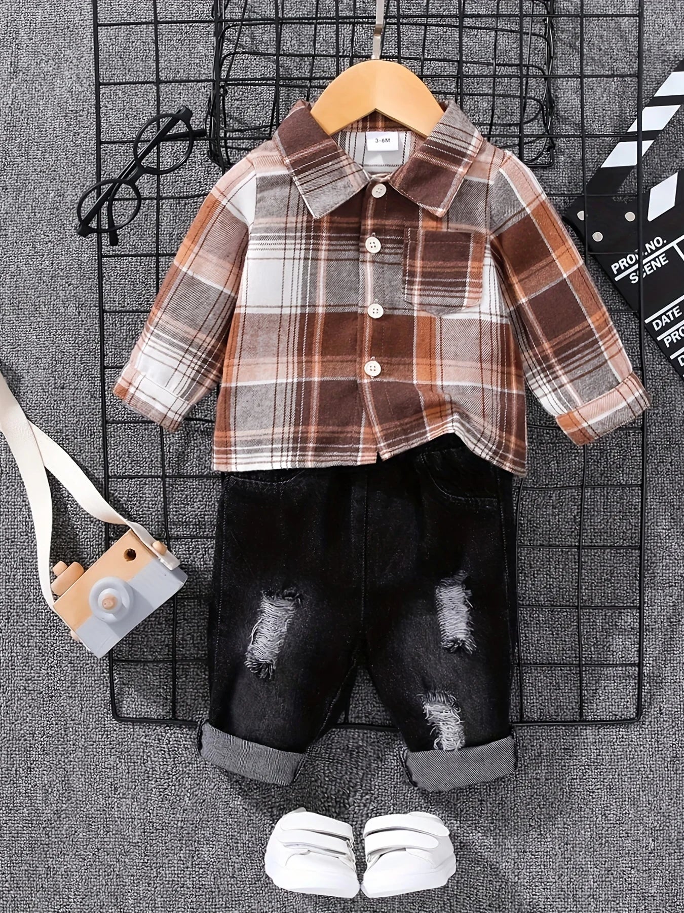 Boys' Spring Autumn Tartan Polo Shirt +-denim Long Trousers Two-piece Casual Outfit Boys Tweed Check Shirt