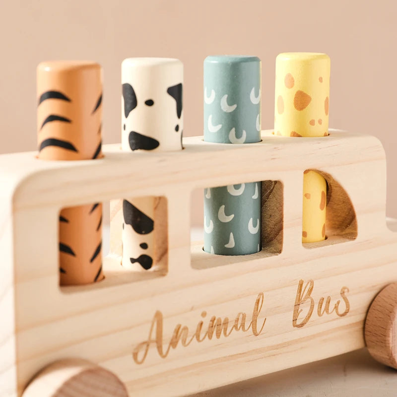 Baby Wooden Bouncing Toys Car Animal Bus Shaped Newborn Education Sensory Puzzle Hand Eye Coordination Training Toys Baby Gifts