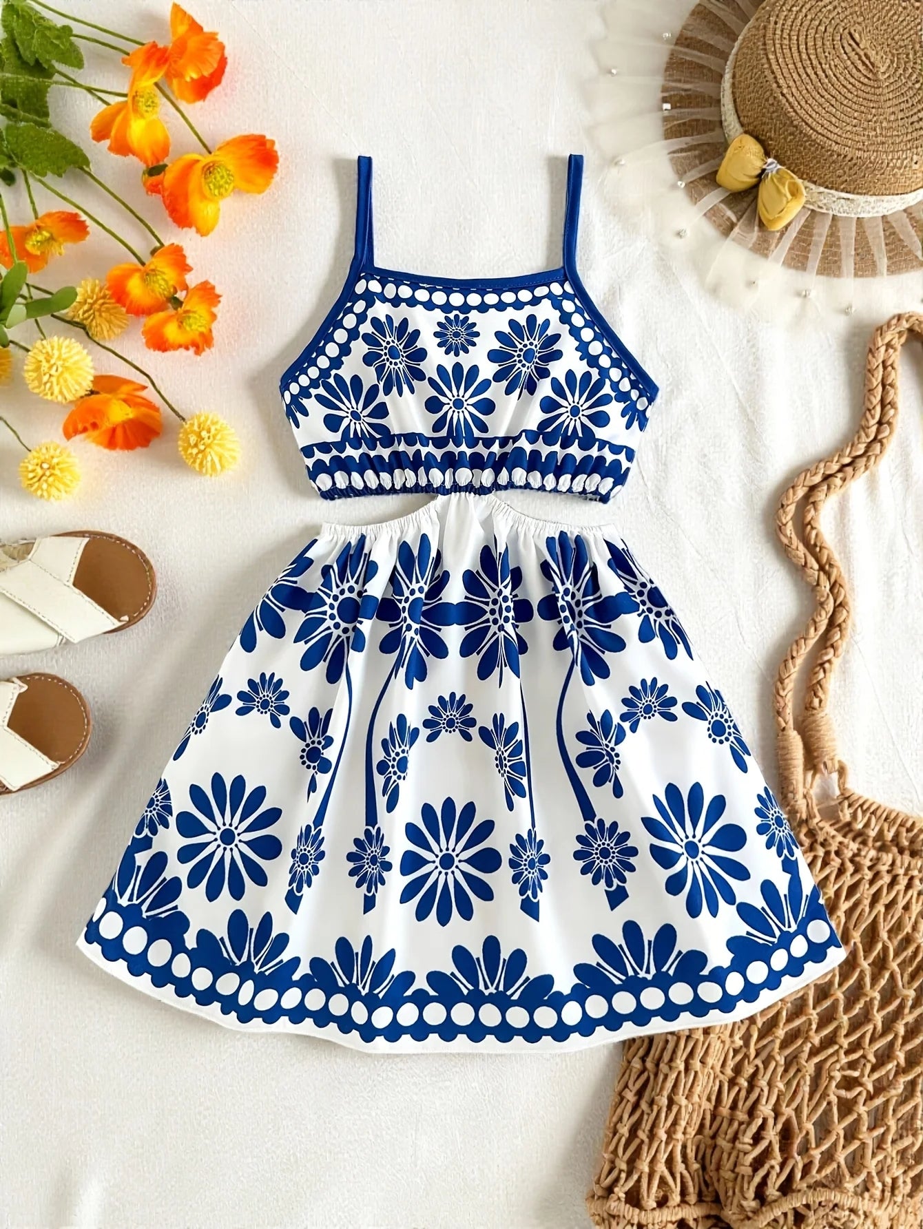 Girls' Summer Casual Dress, New Blue and White Floral Print Design, Hollow-Out Strap Dress, Blue and White Fashionable Versatile Outfit Suitable for Girls Aged 4-12, Suitable for Home and Outdoor Wear