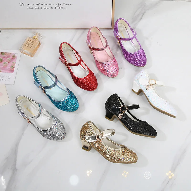 Girls Purple High Heels For Kids Princess RED Leather Shoe Footwear Children's Dress Party Wedding Shoes Round Toe 1-3CM