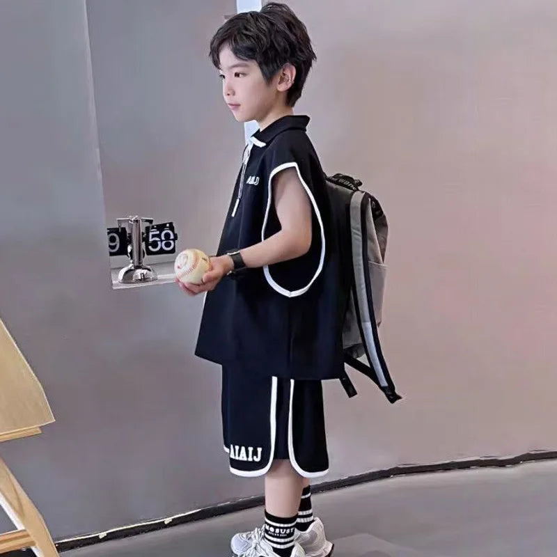 Boys Clothing Set American Style Children Vintage Vest Casual Sport Loose Pullover Sleeveless T-shirt Top Shorts Two-piece Set