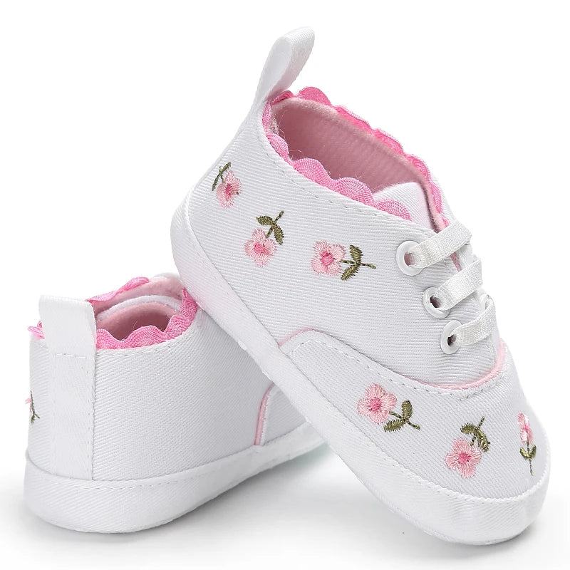 Baby Shoes Infant Pre-Walker Shoes, Floral Embroidery/ Bow Princess Sneakers, Soft Sole Casual Footwear for Baby Girls0-18M