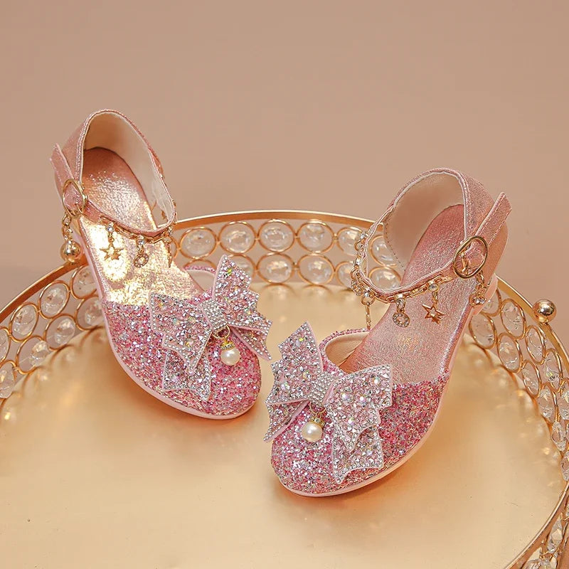 Girls High Heeled Leather Shoes High Heels for Wedding Party Glitter Rhinestone with Bow-knot Kids Dress Pendant Bling Sparkling