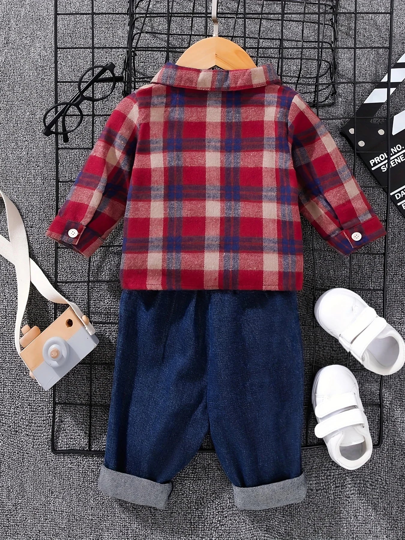 Boys' Spring Autumn Tartan Polo Shirt +-denim Long Trousers Two-piece Casual Outfit Boys Tweed Check Shirt