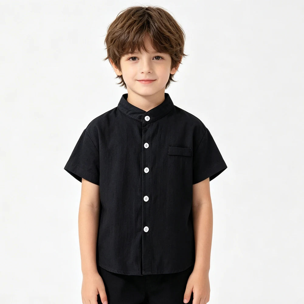 Boys Dress Shirt Toddler Boy Blouse Cotton Short Sleeve Kids Blouses Soft Boutique White Black Children Blouse  2 3 4 5 6 7Years