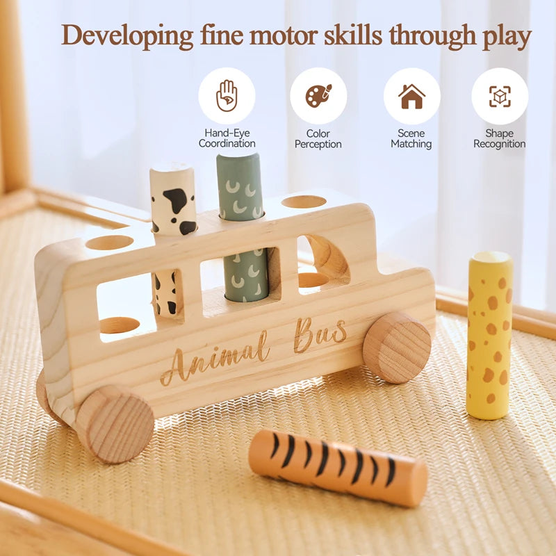 Baby Wooden Bouncing Toys Car Animal Bus Shaped Newborn Education Sensory Puzzle Hand Eye Coordination Training Toys Baby Gifts