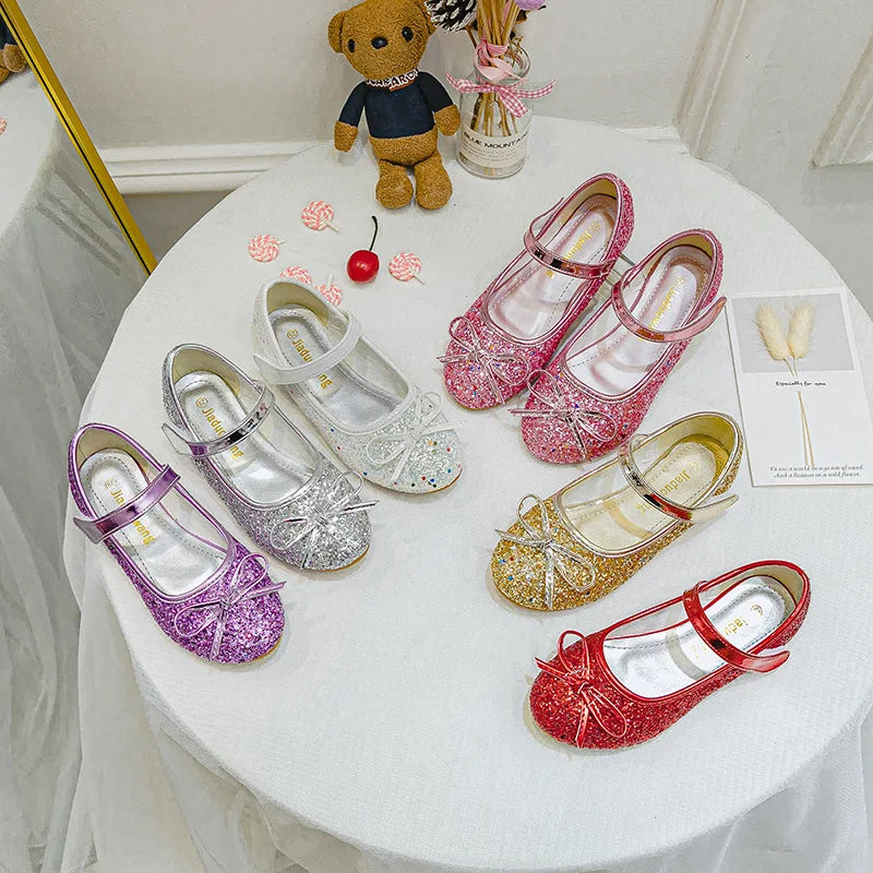 Brand Girl Shoe Autumn Sequins Dress for Girls Bow Princess Shoes Middle Large Child Flat Shoe Versatile Women Shoe Zapatos Niña