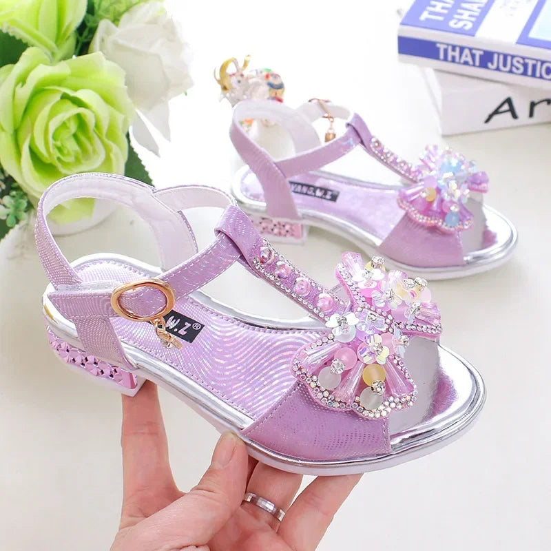 Girls Dance Shoes Non-slip Soft Sole 2025 Summer New Kids Princess Shoes T-strap Open Toes Children Sandals Sweet Bows Non-slip