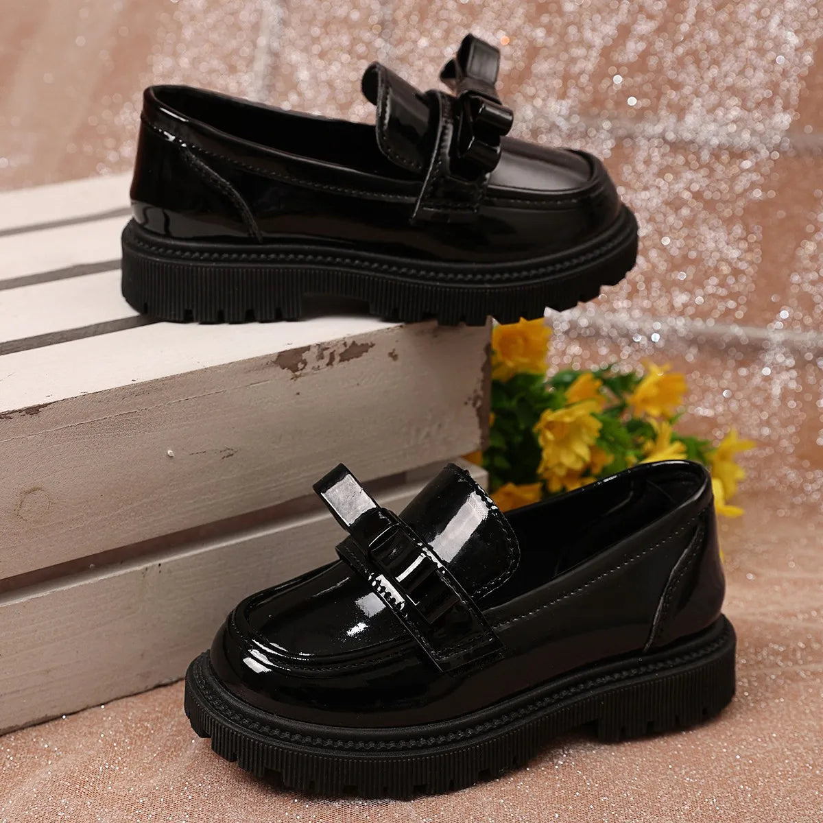 Girls Black Uniform Shoes for School Students Flats Round Toes Glossy 2025 Spring Autumn Children Leather Shoes British Style
