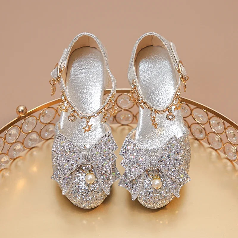 Girls High Heeled Leather Shoes High Heels for Wedding Party Glitter Rhinestone with Bow-knot Kids Dress Pendant Bling Sparkling