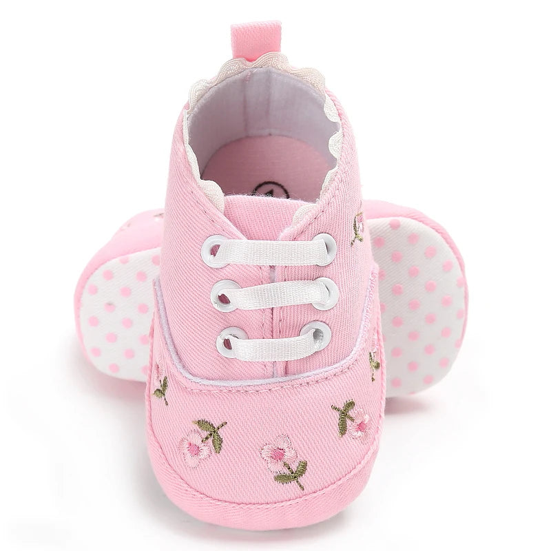 Baby Shoes Infant Pre-Walker Shoes, Floral Embroidery/ Bow Princess Sneakers, Soft Sole Casual Footwear for Baby Girls0-18M