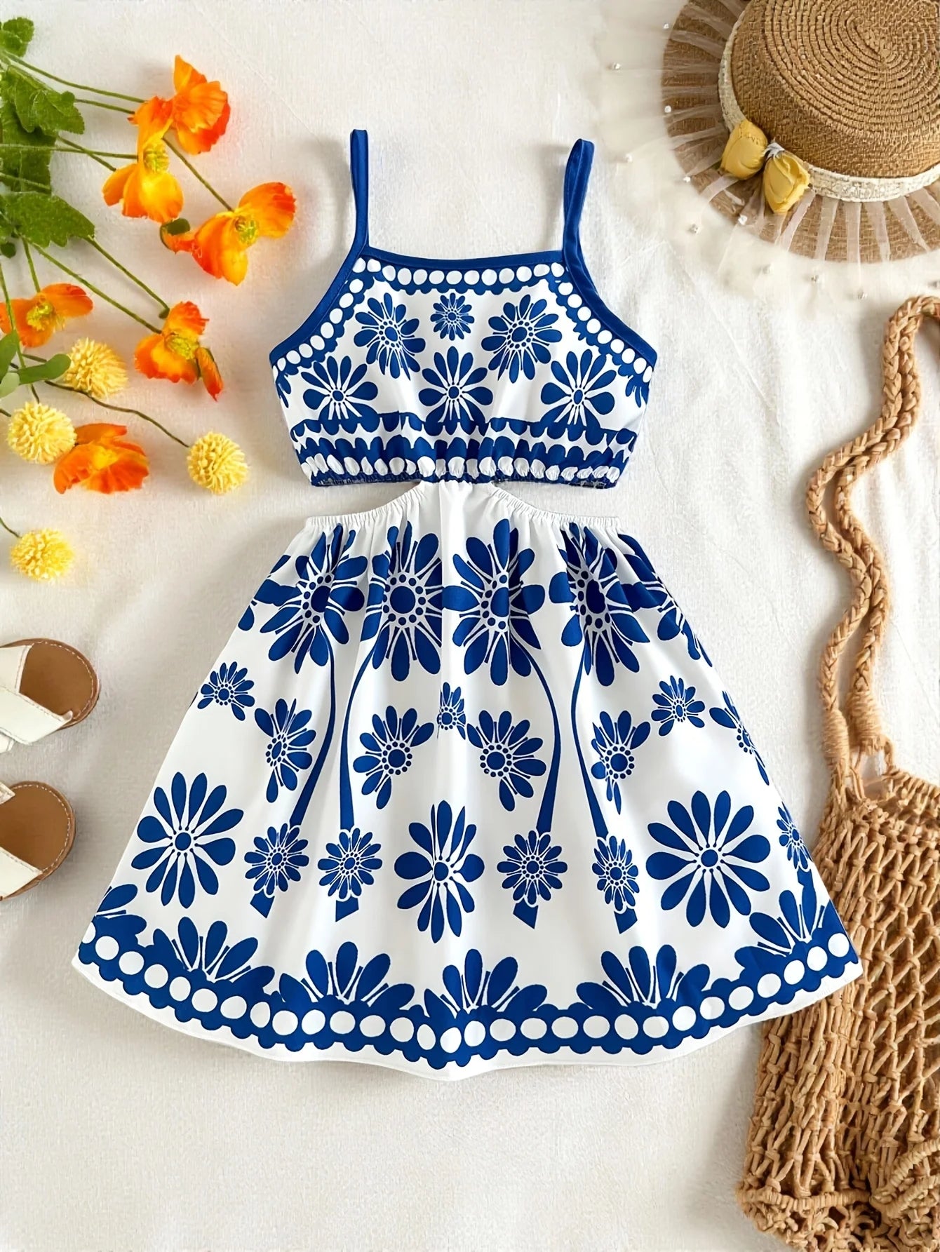 Girls' Summer Casual Dress, New Blue and White Floral Print Design, Hollow-Out Strap Dress, Blue and White Fashionable Versatile Outfit Suitable for Girls Aged 4-12, Suitable for Home and Outdoor Wear