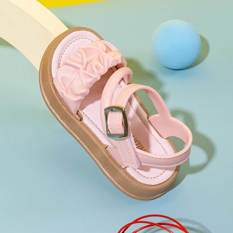 Girls Cute Ruched Pleated Sandals, Comfortable Non-Slip Thick Sole, Breathable Summer Kids Shoes for Daily Wear