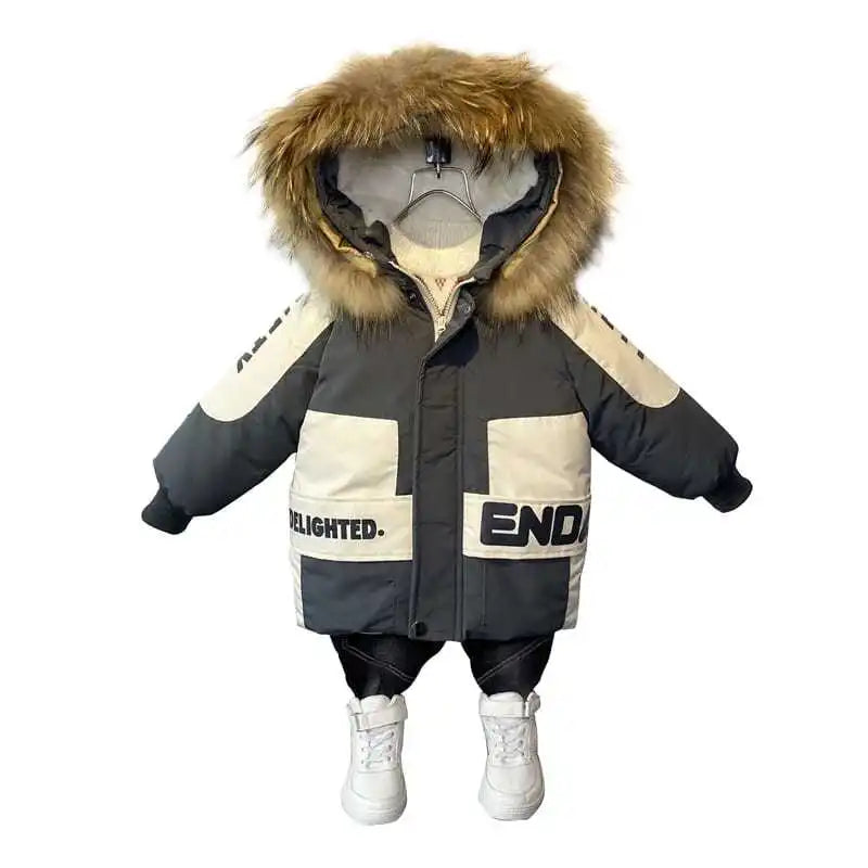 Winter Boys Coat 2026 New Baby Fur Collar Hooded Cotton Plus Velvet Thicken Warm Jacket For Children's Coat For Boys 2-8Years