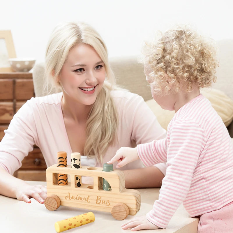 Baby Wooden Bouncing Toys Car Animal Bus Shaped Newborn Education Sensory Puzzle Hand Eye Coordination Training Toys Baby Gifts