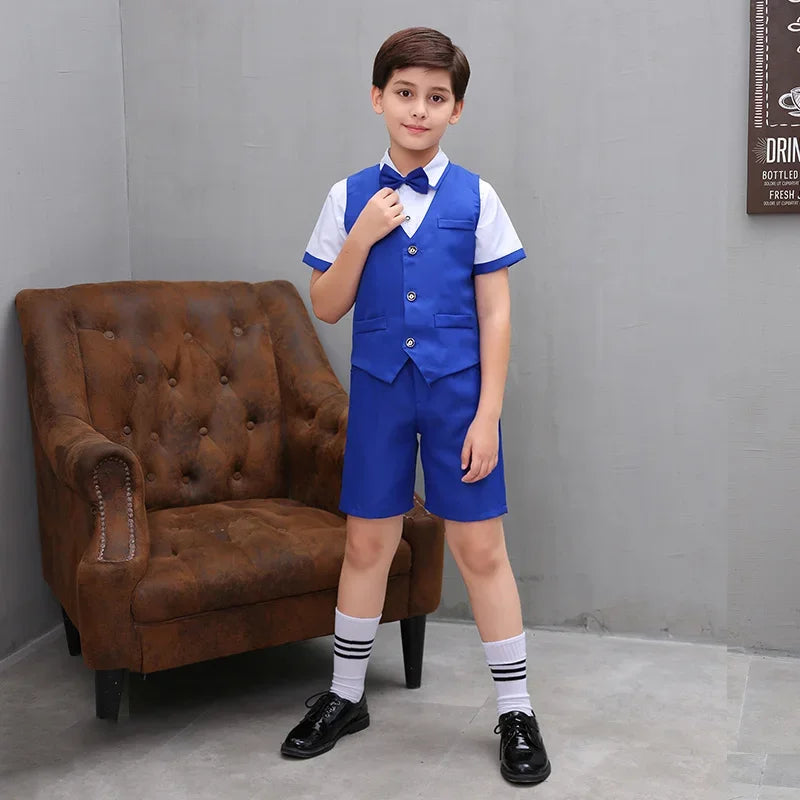 Boys' Small Suit, Vest Set, Big Children's Strap Pants, Performance Dress, Wedding Piano Performance