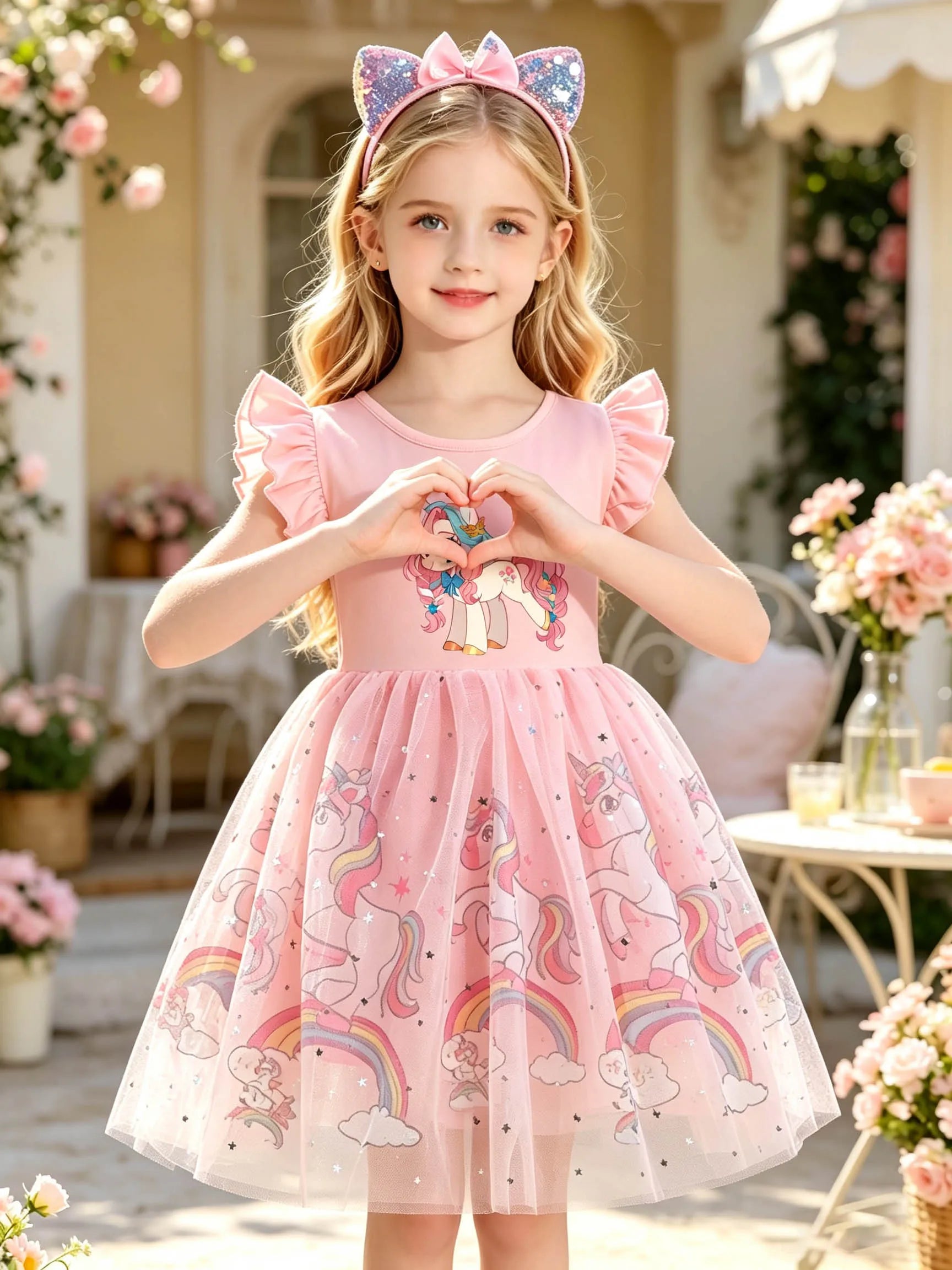 Girls' Summer Dress with Pink Bow & Pony, Ruffle Flutter Sleeves, Sparkly Star Tulle Short-Sleeve Tutu Dress