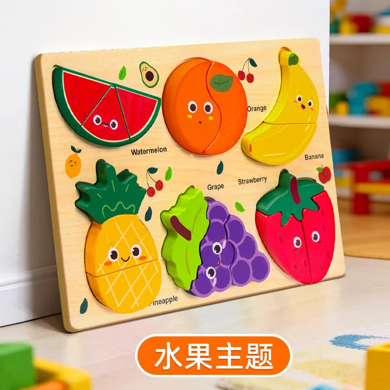 Montessori Wooden Toys 3D Wood Puzzles Cartoon Animal Car Fruit Cognitive Jigsaw Puzzle Early Learning Educational Toys for Kids