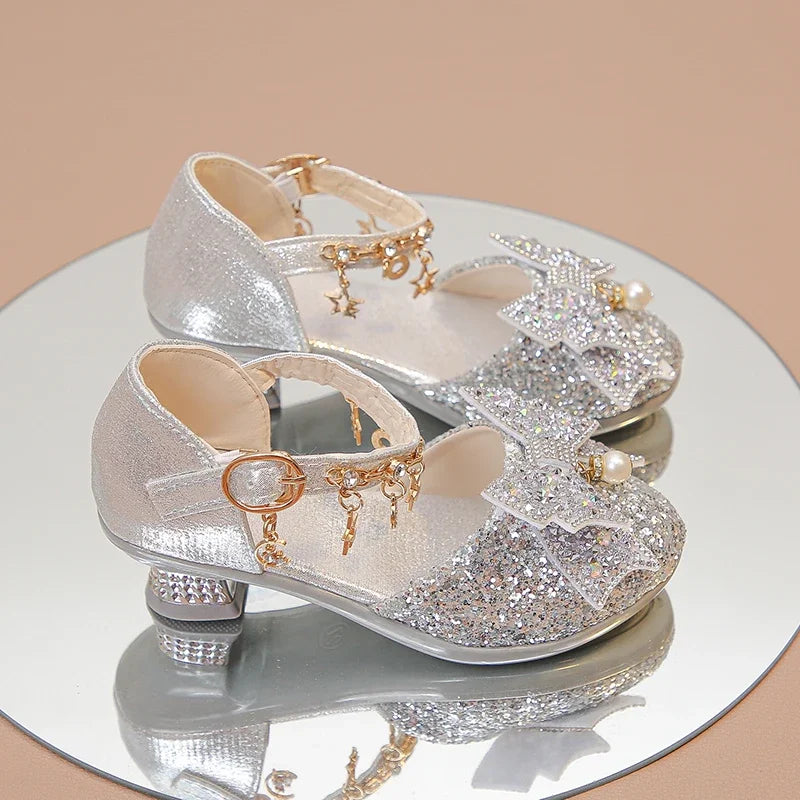 Girls High Heeled Leather Shoes High Heels for Wedding Party Glitter Rhinestone with Bow-knot Kids Dress Pendant Bling Sparkling