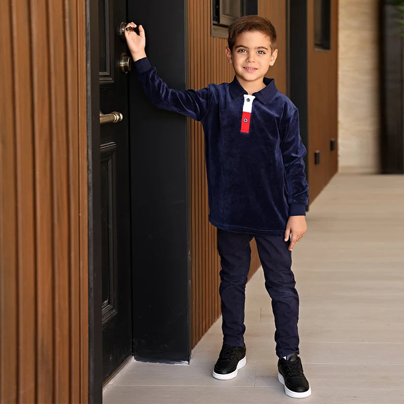 Family Clothes Navy Velour Set Girls Dress Boys Shirt Baby Romper Older 2 Pieces Set Long Sleeves Children Outfit Clothes