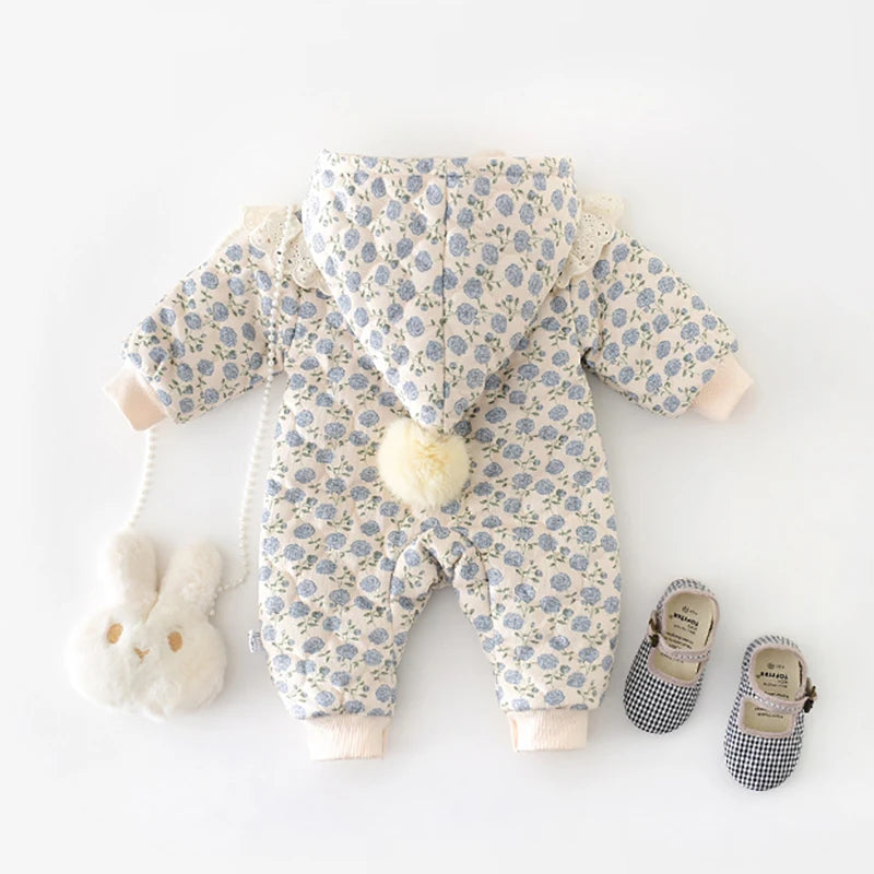 Baby Winter Jumpsuit 0-2 Years old Infant Girls Clothing Sweet Lace Floral of Print Romper Toddler Thick Warm Outerwear