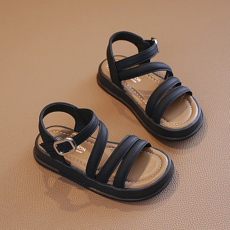 Girls Shoes New Summer Children Roman Sandals Soft Sole Comfortable Flat Sandals Non-slip Casual Solid Color Kids Beach Shoes