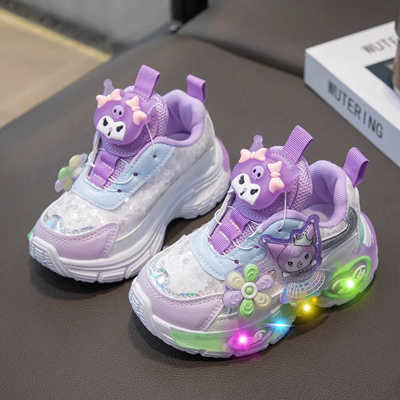 Girls Casual Sports Shoes Girls Spring New Electric Dad Shoes Children's Princess Running Shoes Soft Soled Rotating Button Shoes