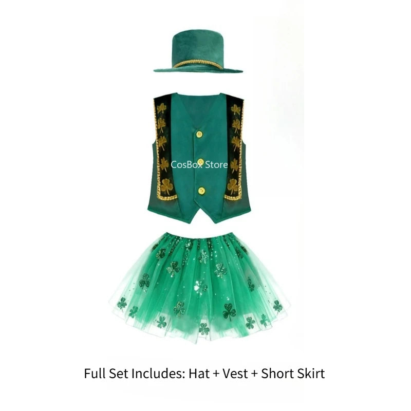 Boys Girls St.Patrick's Day Tailcoat Dress Costume Irish Elf Leprechaun School Party Outfits Halloween Carnival Stage PEFR Set