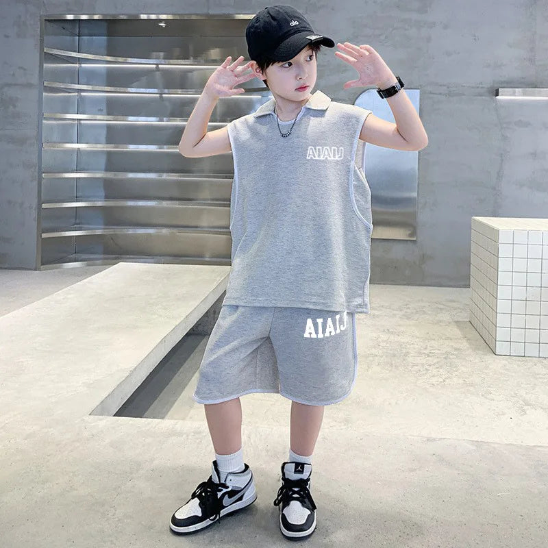 Boys Clothing Set American Style Children Vintage Vest Casual Sport Loose Pullover Sleeveless T-shirt Top Shorts Two-piece Set