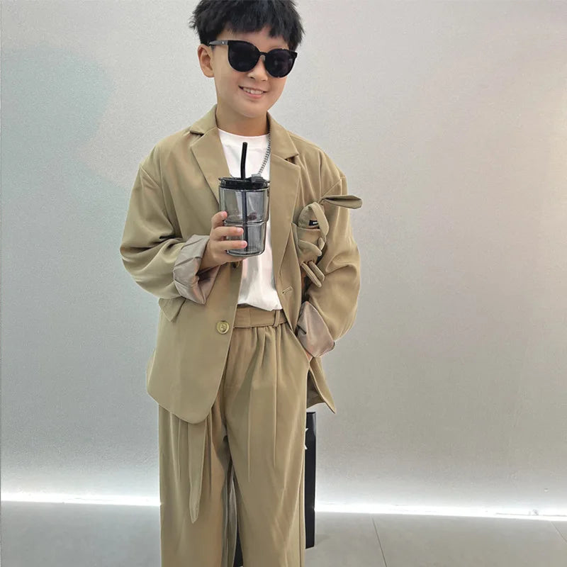 School Boys Suits Casual Blazer Wide-legged Trousers Two Piece Kids Clothes Set Khaki Loose Children Wedding Birthday Costumes