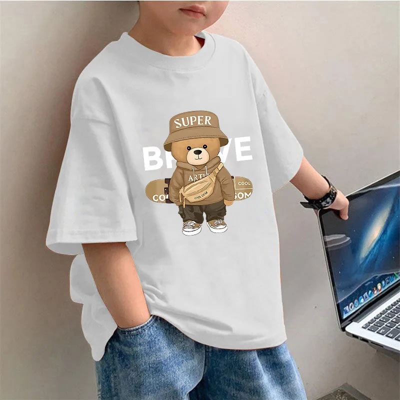Boys' Short-sleeved T-shirt, Thin Bear Print Top, New Summer Sports and Casual Style for Middle-aged Children Kids Clothes