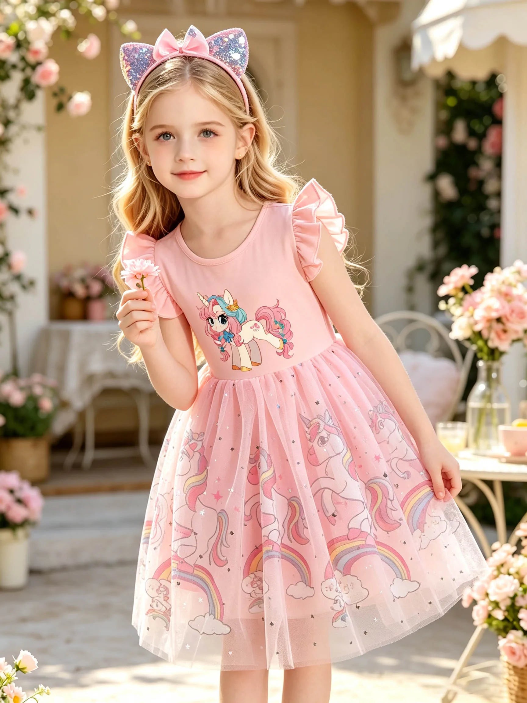 Girls' Summer Dress with Pink Bow & Pony, Ruffle Flutter Sleeves, Sparkly Star Tulle Short-Sleeve Tutu Dress