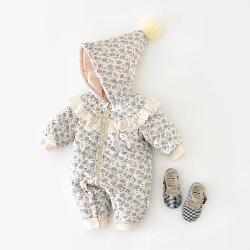 Baby Winter Jumpsuit 0-2 Years old Infant Girls Clothing Sweet Lace Floral of Print Romper Toddler Thick Warm Outerwear