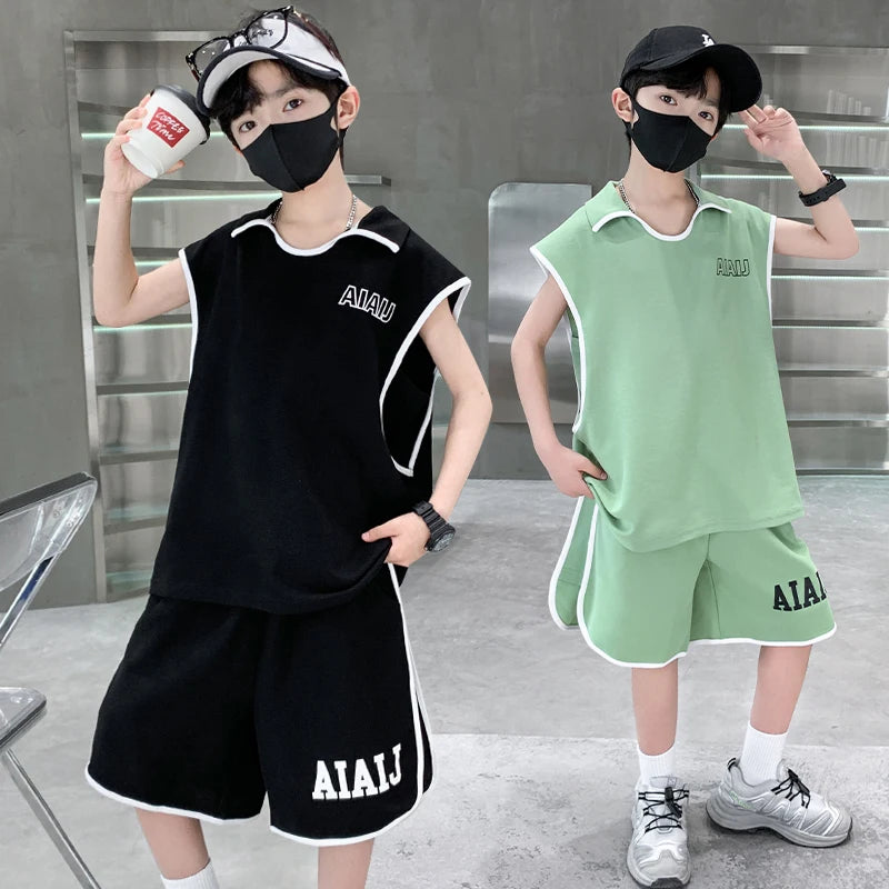 Boys Clothing Set American Style Children Vintage Vest Casual Sport Loose Pullover Sleeveless T-shirt Top Shorts Two-piece Set