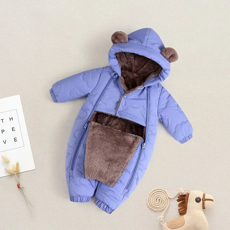 Winter Bear Ears Warm Baby Snowsuit Cute Solid Thickened Fleece for Girl Boy Jumpsuit Lined Double-Layer Hooded Toddler Romper