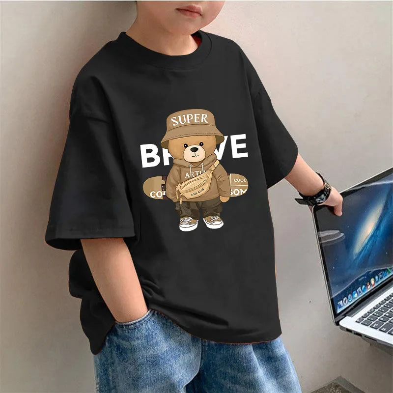 Boys' Short-sleeved T-shirt, Thin Bear Print Top, New Summer Sports and Casual Style for Middle-aged Children Kids Clothes