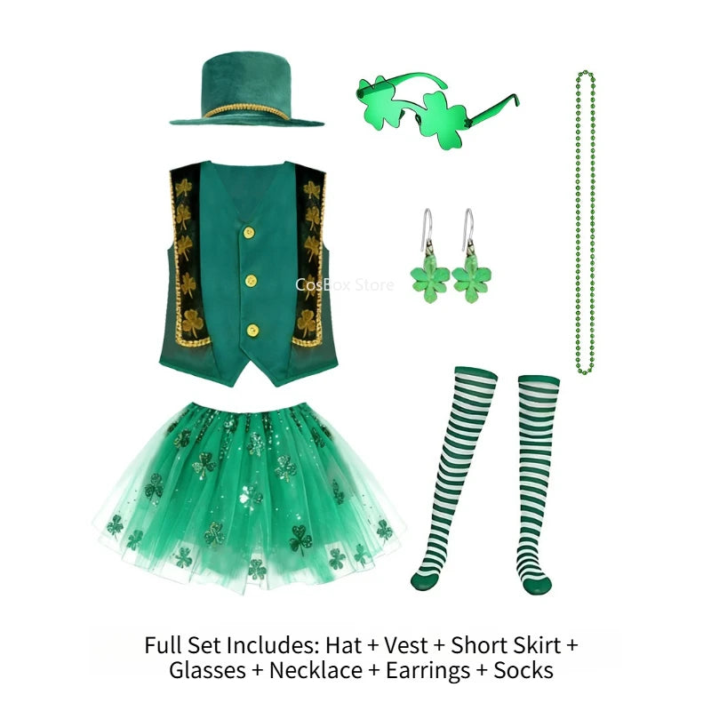 Boys Girls St.Patrick's Day Tailcoat Dress Costume Irish Elf Leprechaun School Party Outfits Halloween Carnival Stage PEFR Set