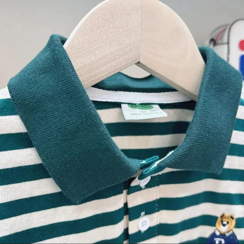 Boys Short Sleeve Tee Polo Shirt For Children 2025 Kids Clothes Striped Graphic Bear T-Shirt Summer Clothes Toddler Casual Tops