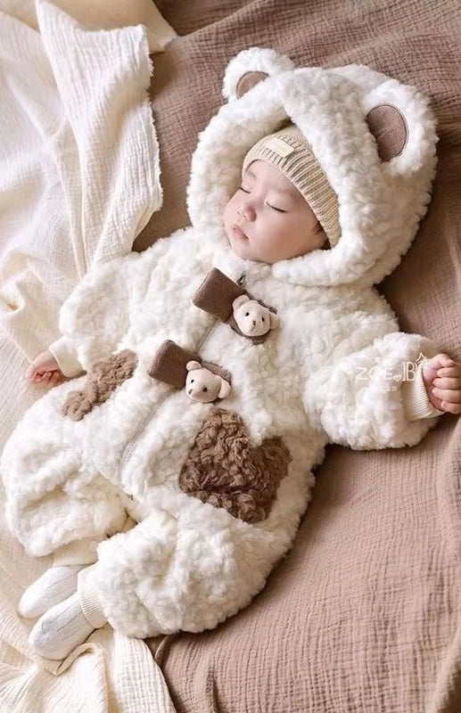 2026 Winter Baby Girls Boys Cute Cartoon Bear Soft Warm Fleece Hooded Rompers Infant Kids Long Sleeve Overalls Jumpsuit
